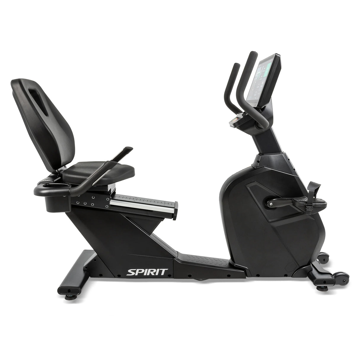 Profile view of the Spirit Fitness CR1000ENT Recumbent Bike on a white background, showing the recumbent seating layout, pedal position, and the console's forward tilt for easy viewing while seated.