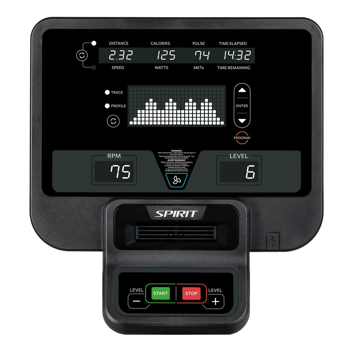 The Spirit Fitness CR800 Recumbent Bike by Spirit Fitness features a black digital display showing distance, calories, pulse, time elapsed, RPM, resistance level, program buttons, and start/stop controls with white and colored text and icons.