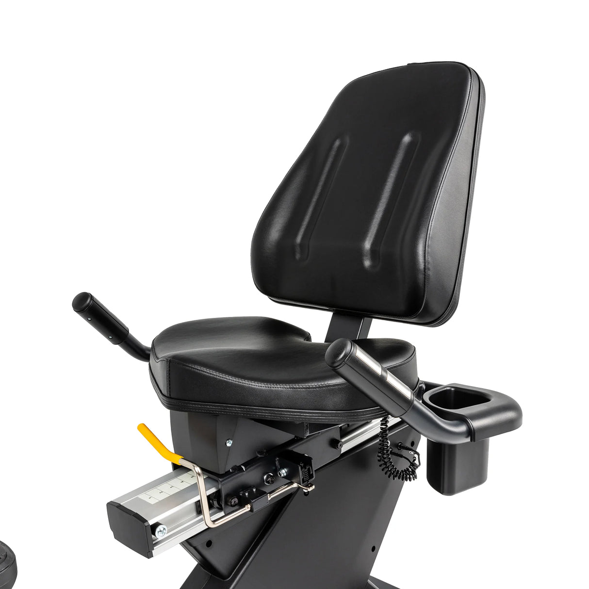 A close-up of the Spirit Fitness CR800 Recumbent Bike by Spirit Fitness, featuring a black padded seat with back support, side handlebars, an adjustment lever, and a cup holder on the frame.