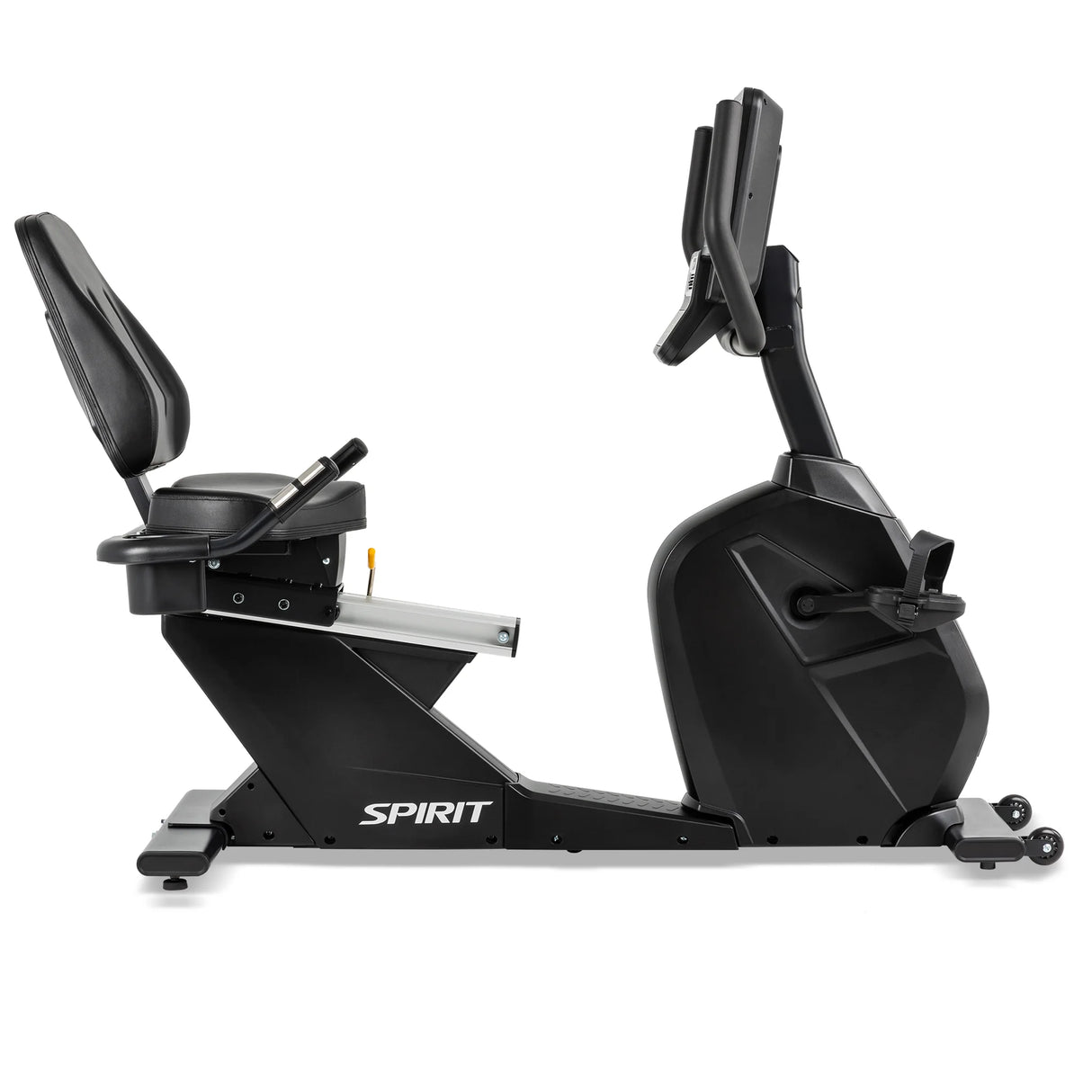 The Spirit Fitness CR800 Recumbent Bike by Spirit Fitness, shown in black with a padded seat, backrest, pedals, and digital display console, features the SPIRIT logo on the side against a white background.