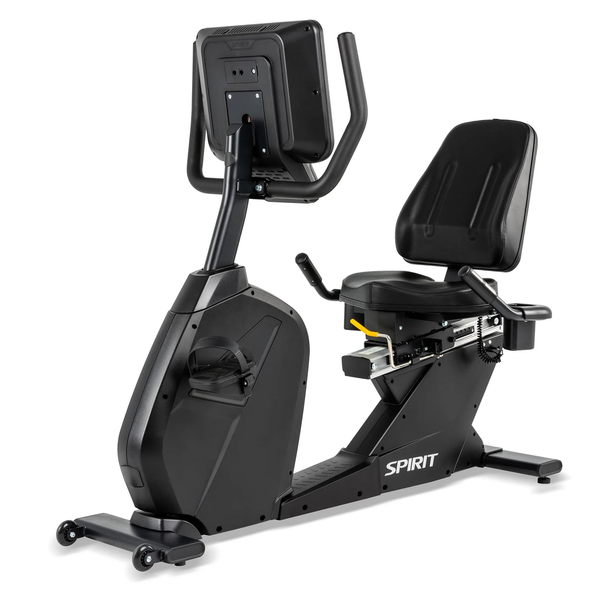 The Spirit Fitness CR800 Recumbent Bike features a black frame, large digital display, comfortable seat with backrest, strapped pedals, handlebars, and "Spirit Fitness" branding on the side.
