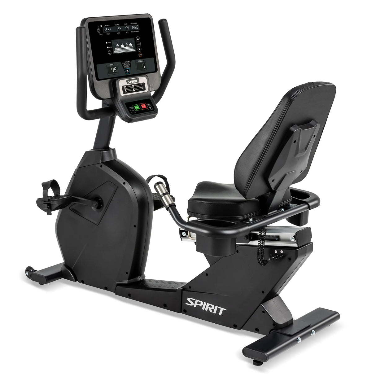 The Spirit Fitness CR800 Recumbent Bike is a black exercise bike featuring a digital display, handlebars, cushioned seat with backrest, and pedals. The Spirit Fitness brand name appears on the lower frame.