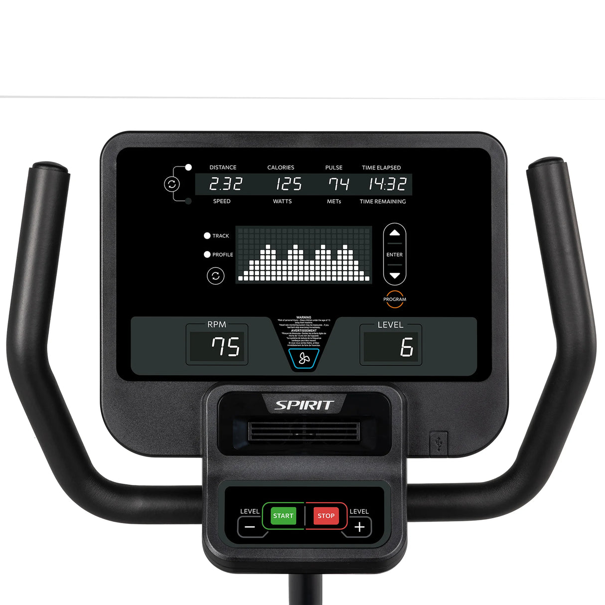 Close-up of the Spirit Fitness CR800 Recumbent Bike display showing 2.32 miles, 125 calories, pulse 74, time 14:32, RPM 75, resistance level 6 with handlebars in view.