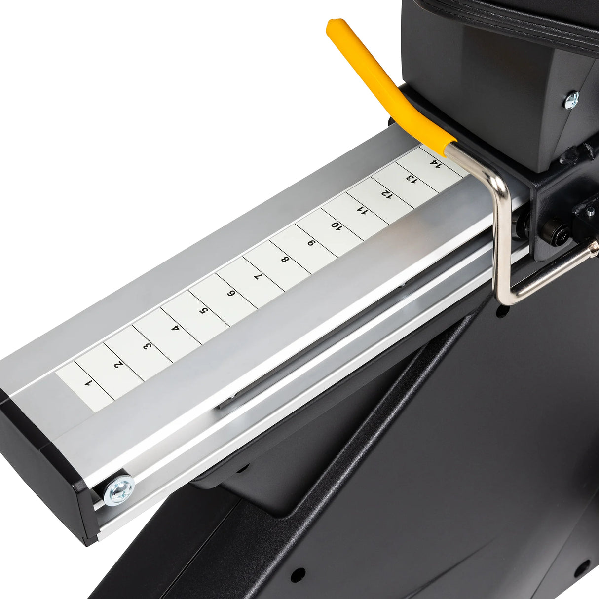Close-up of the Spirit Fitness CR800ENT Recumbent Bike by Spirit Fitness, highlighting a black adjustment rail with numbered markings and a yellow lever for easy setting adjustments.