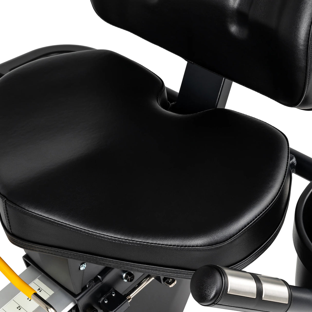 Close-up of the Spirit Fitness CR800ENT Recumbent Bike by Spirit Fitness, showing its contoured black padded seat and backrest with stitched edges, plus an adjustable metal frame with a visible lever handle.