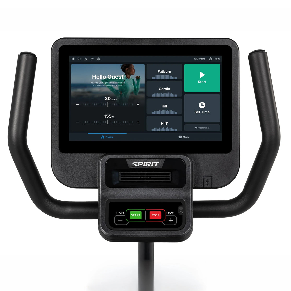 The Spirit Fitness CR800ENT Recumbent Bike by Spirit Fitness is a black exercise bike featuring a large touchscreen display with workout programs such as Fatburn, Cardio, HIIT, and Set Time.