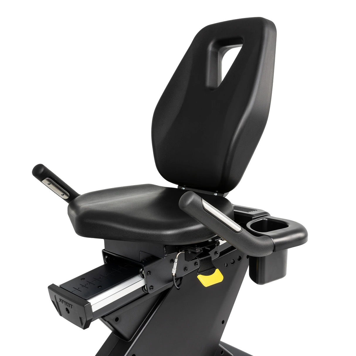 A close-up of the Spirit Fitness CR900 Recumbent Bike’s black adjustable seat with backrest, armrests, cup holder, handle, and sliding adjustment mechanism by Spirit Fitness.