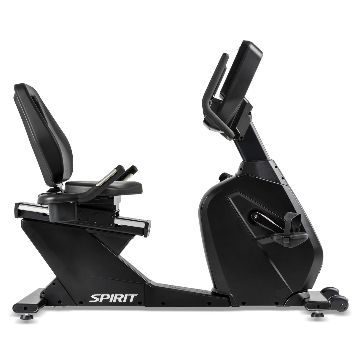 The Spirit Fitness CR900 Recumbent Bike by Spirit Fitness is shown in a side profile, featuring a black frame with cushioned seat, backrest, pedals, digital display screen, and the SPIRIT logo on the side.