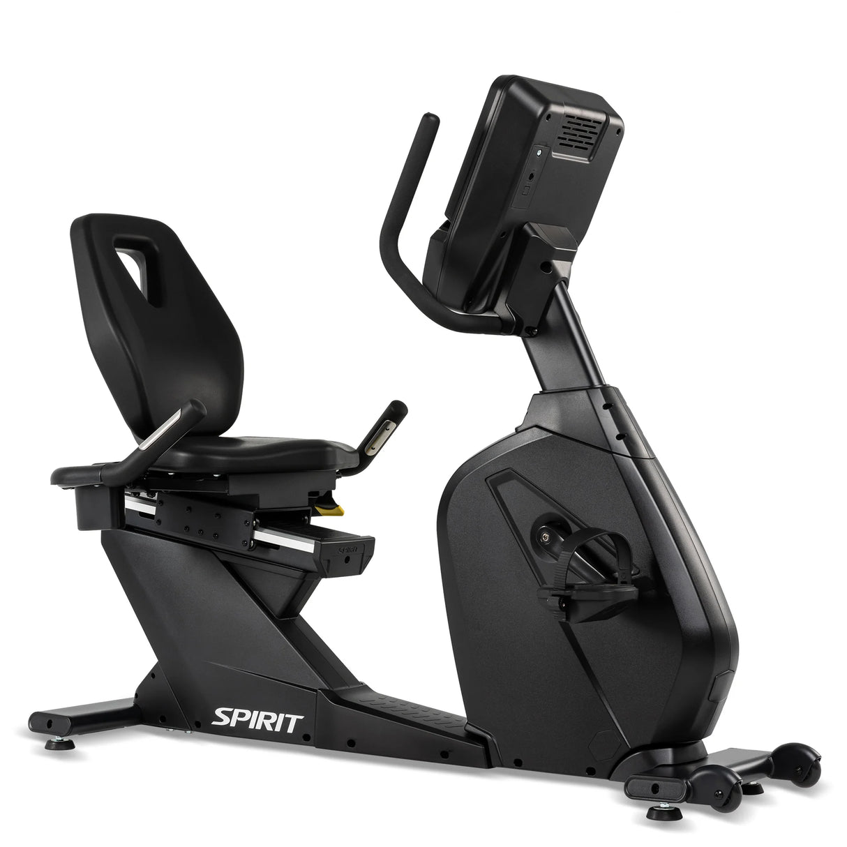The Spirit Fitness CR900 Recumbent Bike by Spirit Fitness features a comfortable seat, adjustable handlebars, and a digital display, shown here in black against a white background.