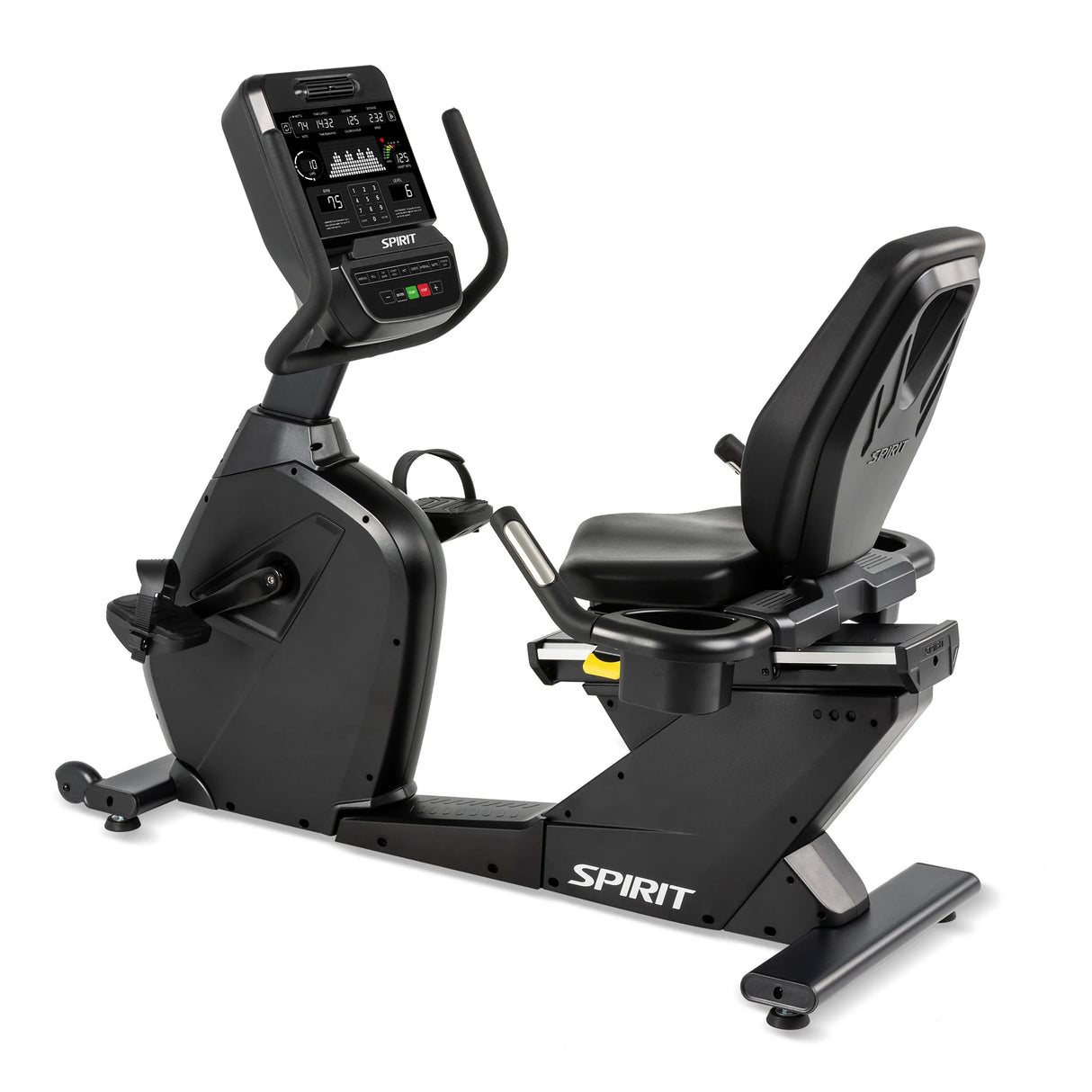 The Spirit Fitness CR900 Recumbent Bike is a black exercise bike with a digital display, padded seat with back support, pedals, and the Spirit Fitness logo on the base.