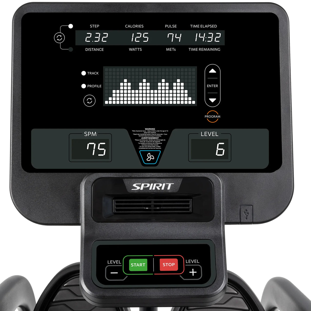 Close-up of the Spirit Fitness CRS800S Recumbent Seated Stepper console by Spirit Fitness, showing workout data: 2.32 steps, 125 calories, 74 pulse, 14:32 elapsed time, 75 SPM, level 6, and a workout intensity graph.