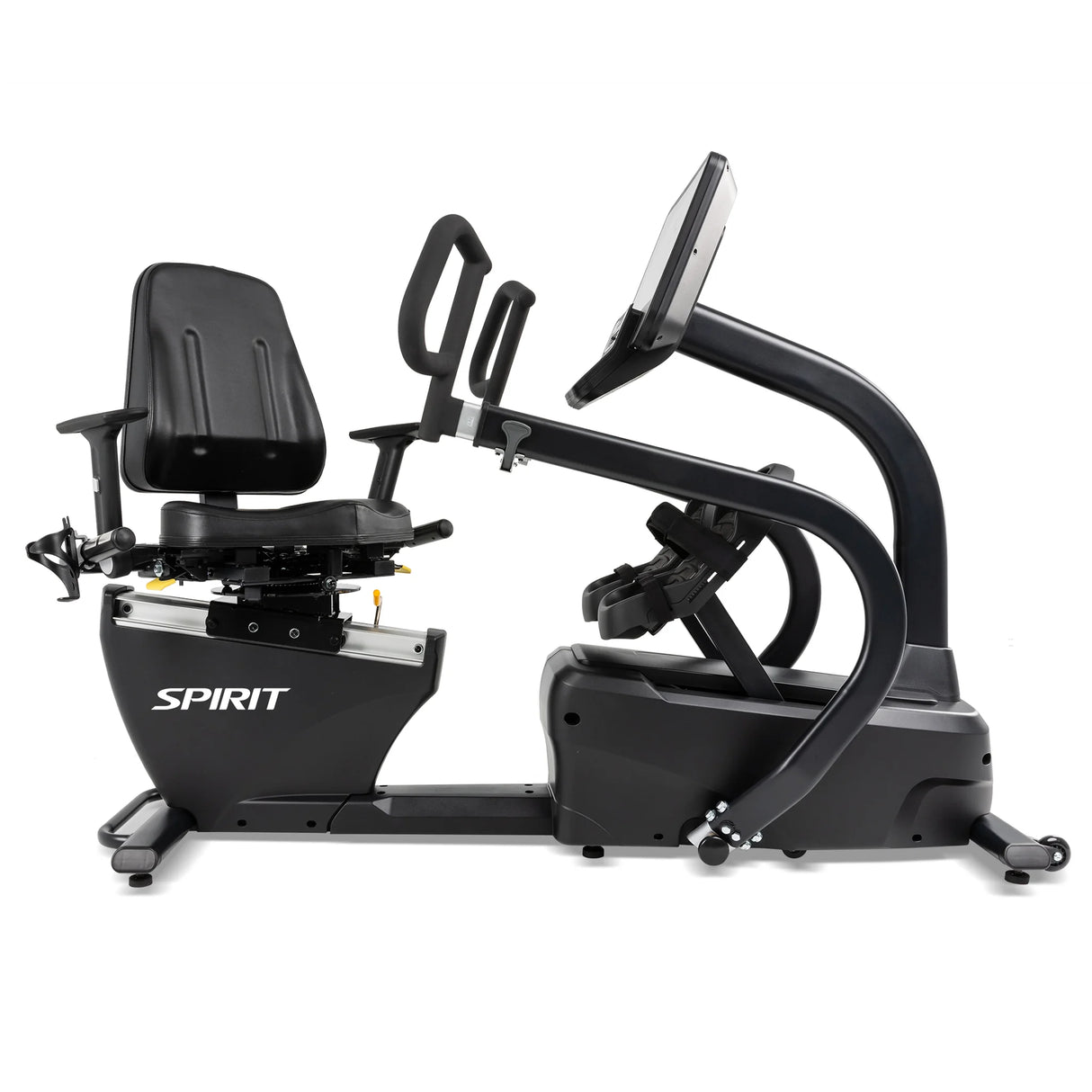 Spirit Fitness CRS800S Recumbent Seated Stepper by Spirit Fitness in matte black, featuring a padded seat with back support, adjustable handlebars, strapped foot pedals, and a large display console, shown on a white background.