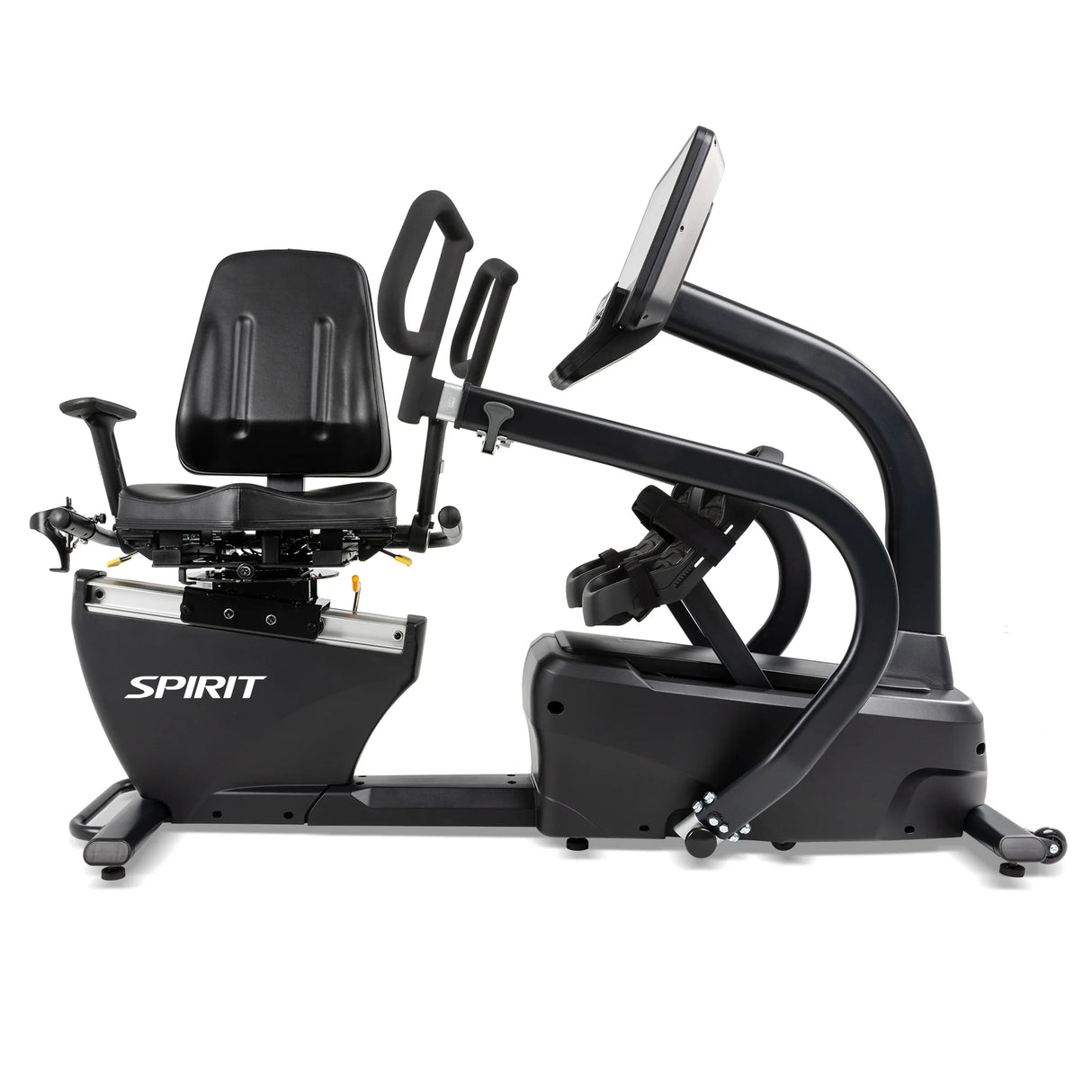 The Spirit Fitness CRS800S Recumbent Seated Stepper is a black recumbent stepper with a large seat, adjustable armrests, and a digital display monitor, labeled "SPIRIT" on the side.