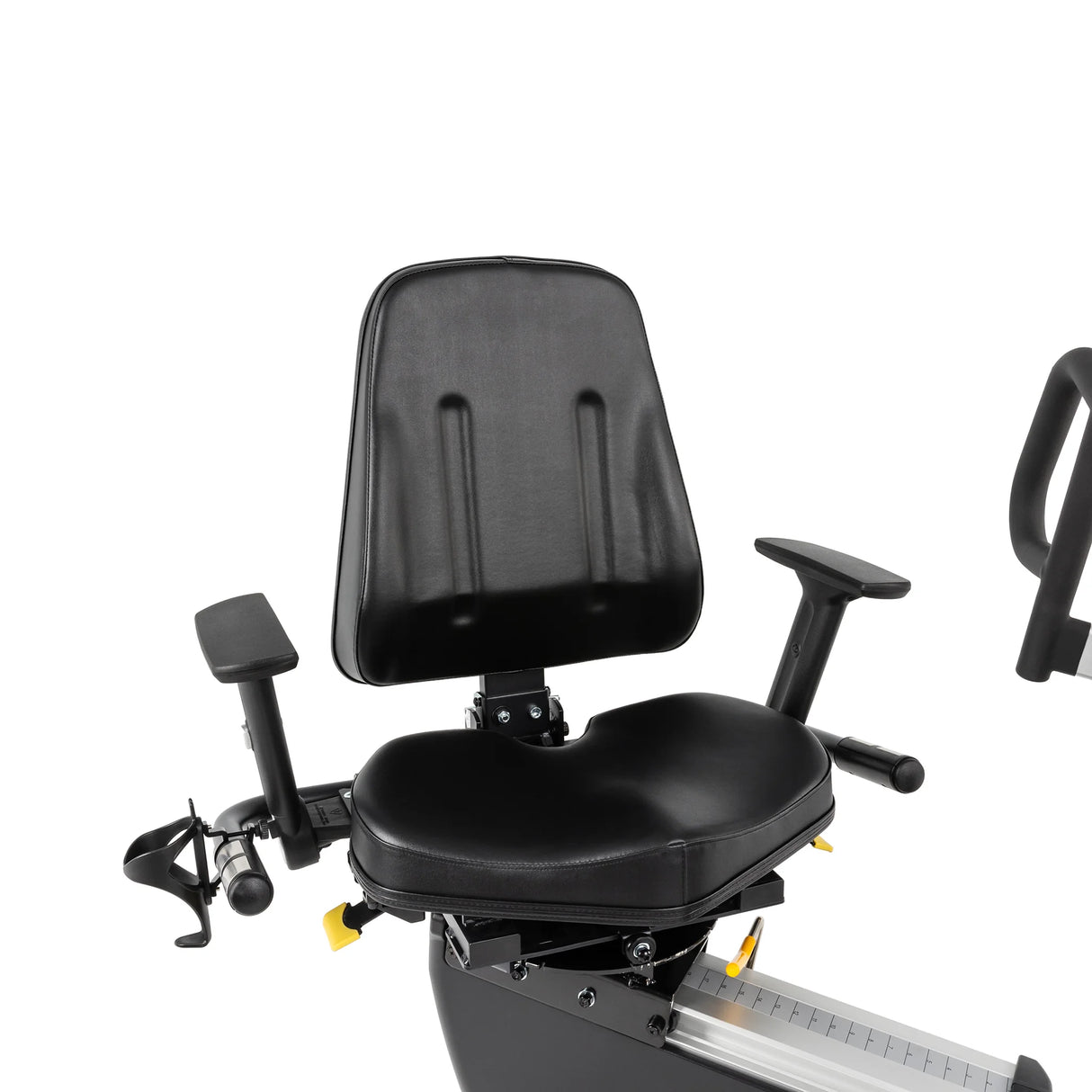 A close-up of the Spirit Fitness CRS800S Recumbent Seated Stepper by Spirit Fitness, featuring a black padded seat with high backrest, armrests, and a water bottle holder on the left armrest, set against a white background.
