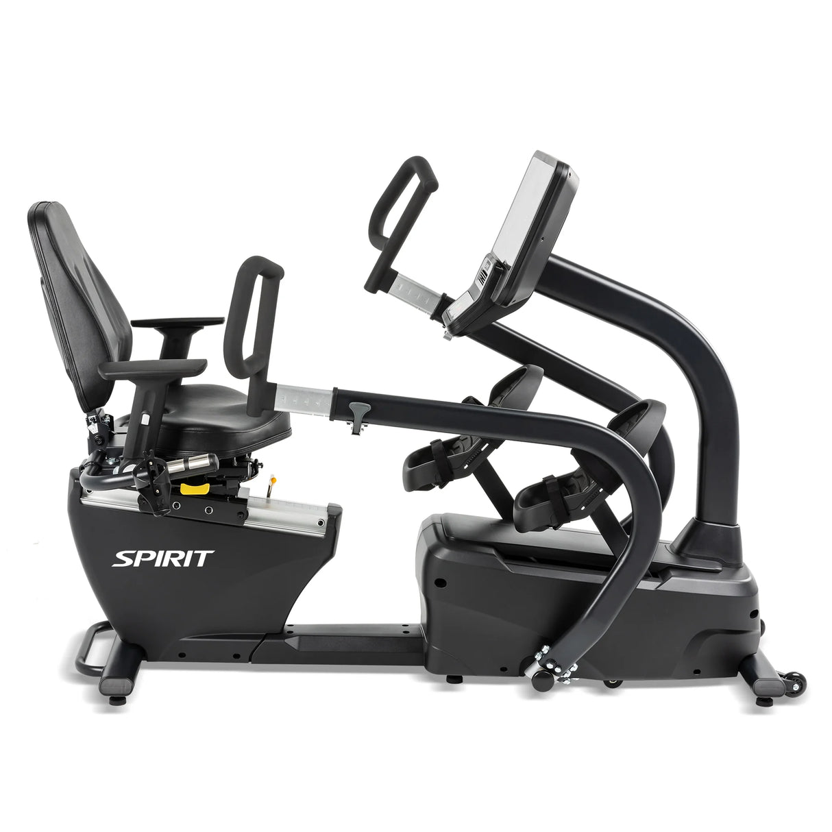 The Spirit Fitness CRS800S Recumbent Seated Stepper by Spirit Fitness is a black exercise machine with a padded seat, backrest, and handles. It features foot pedals, a digital console for workout tracking, and displays the brand name on its side.