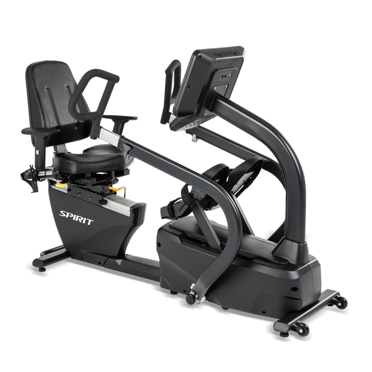 The Spirit Fitness CRS800S Recumbent Seated Stepper is a black exercise bike with a seat, backrest, side handles, and digital display. The Spirit Fitness brand name appears on the side of the stepper.