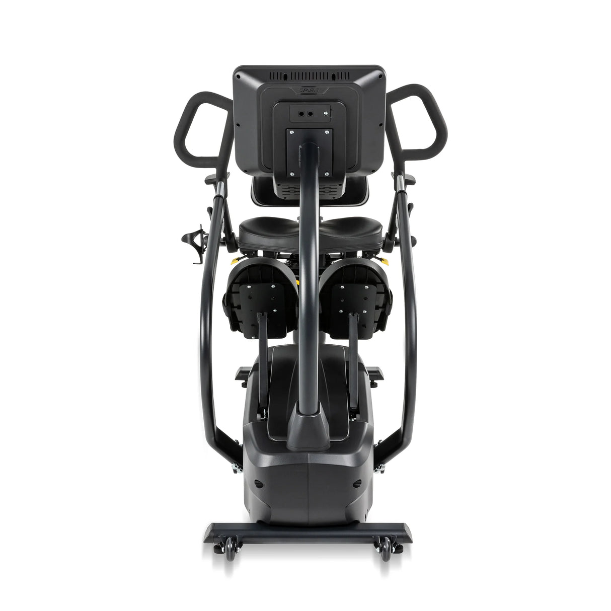 Front view of the Spirit Fitness CRS800S Recumbent Seated Stepper by Spirit Fitness, featuring its screen, handlebars, pedals, and sturdy base against a white background.