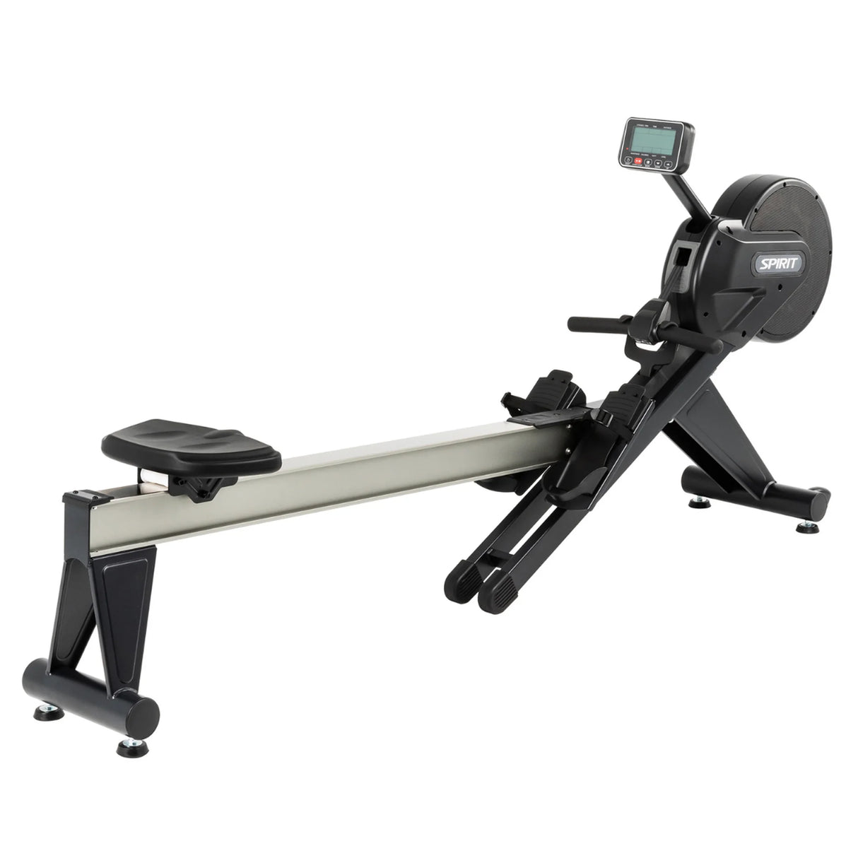 The Spirit Fitness CRW800 Rower by Spirit Fitness is a black and silver indoor rowing machine featuring a digital display, footrests, and a sliding seat for effective home workouts.