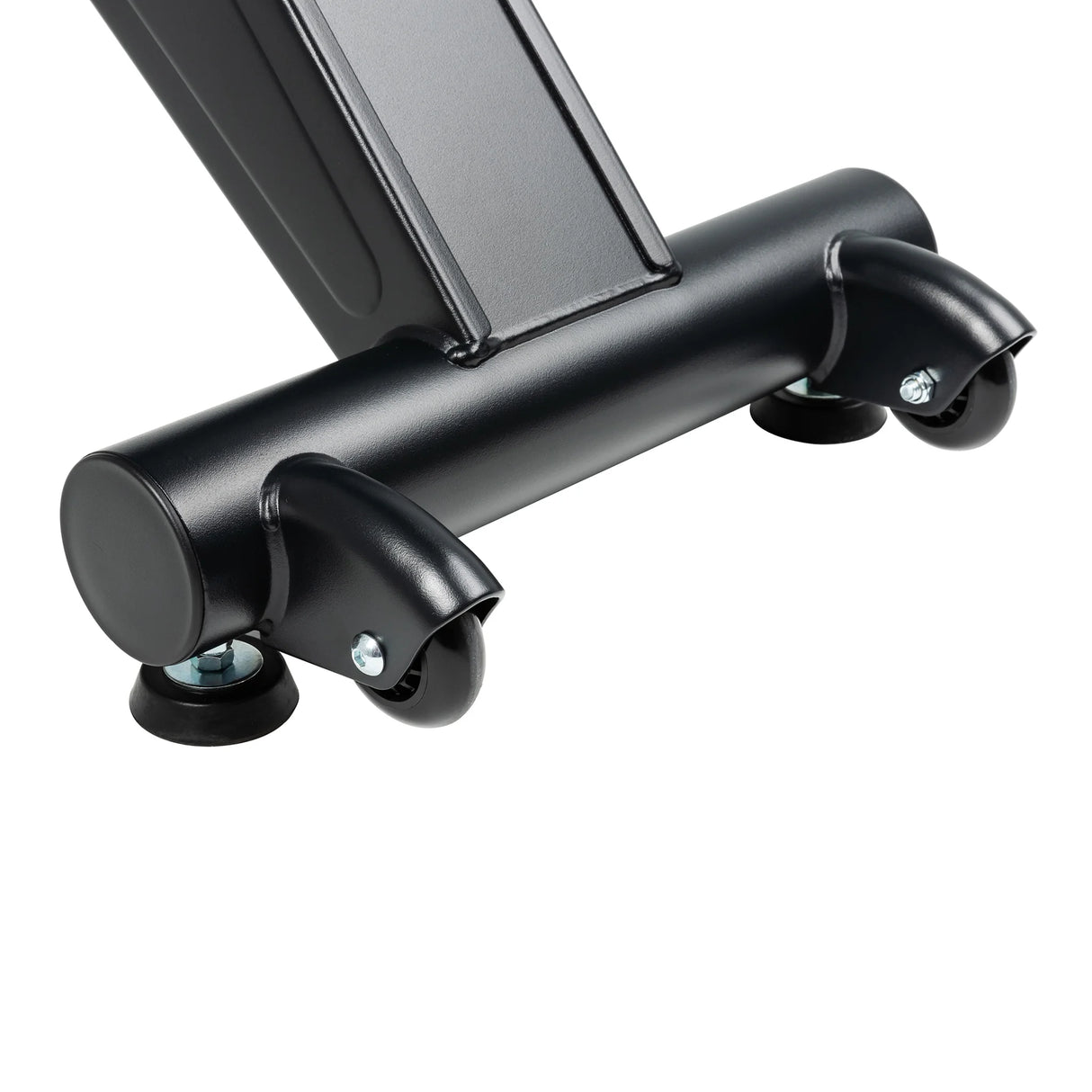 Close-up of the Spirit Fitness CRW800 Rower's black metal base, featuring a horizontal cylindrical tube with four swivel caster wheels and bolt attachments, by Spirit Fitness, shown on a white background.