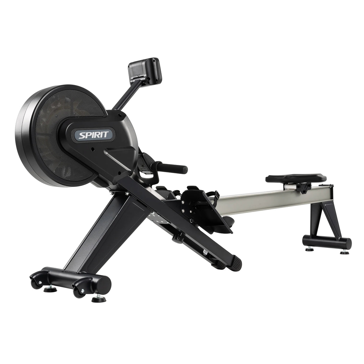 The Spirit Fitness CRW800 Rower by Spirit Fitness features a black and silver design with a large flywheel, footrests, and sliding seat for indoor workouts, shown on a white background.