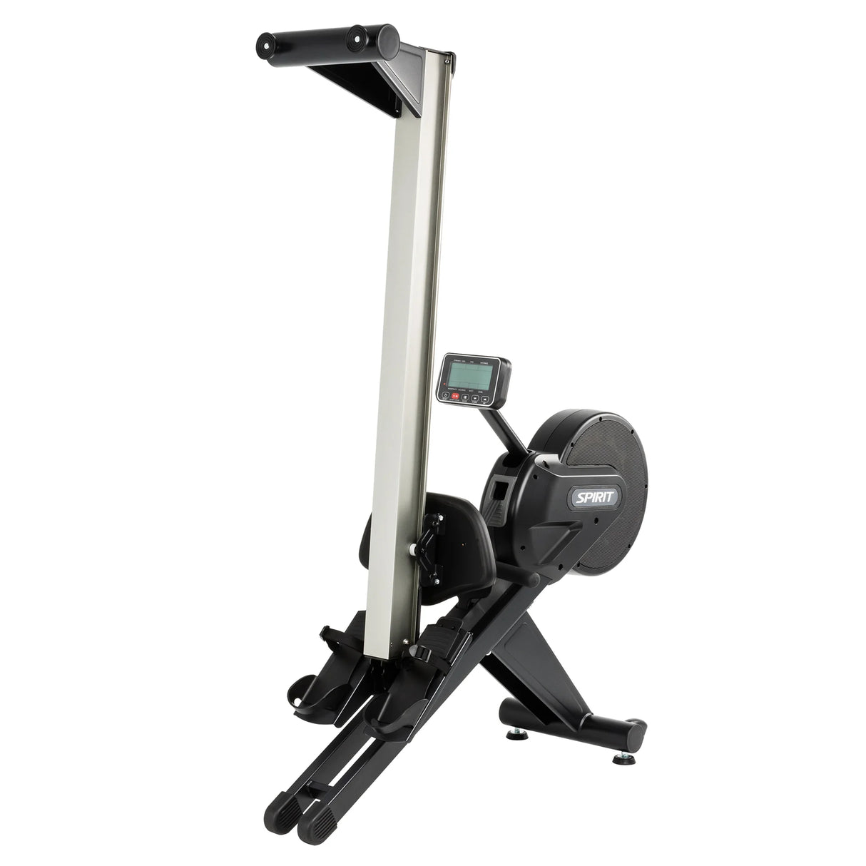 The Spirit Fitness CRW800 Rower by Spirit Fitness is a black and silver rowing machine featuring a digital display, flywheel housing, and footrests, shown upright for storage against a white background.