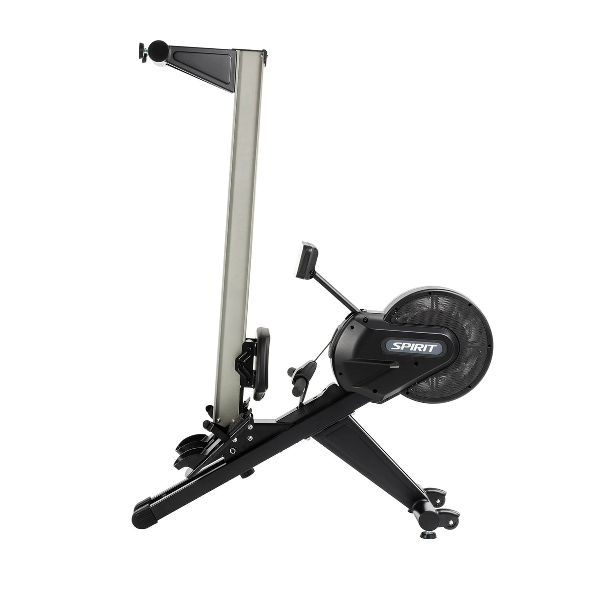 The Spirit Fitness CRW800 Rower by Spirit Fitness is shown in a vertical, upright storage position, featuring a black and silver design with the brand name visible on the flywheel housing.