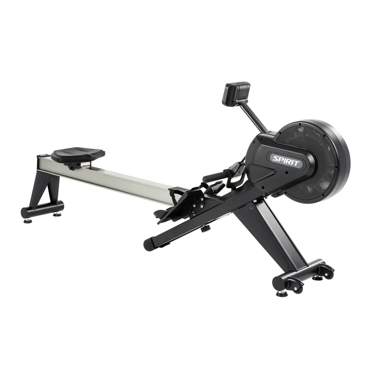 The Spirit Fitness CRW800 Rower by Spirit Fitness is a black and silver indoor rowing machine featuring a flywheel, footrests, adjustable seat, and digital display for effective fitness training.