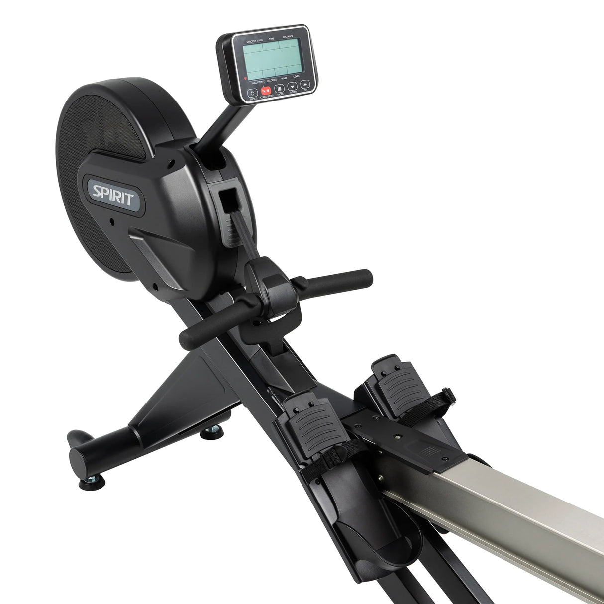 The Spirit Fitness CRW800 Rower by Spirit Fitness is shown from an angled front view on a white background, featuring a digital display, footrests, and handles.