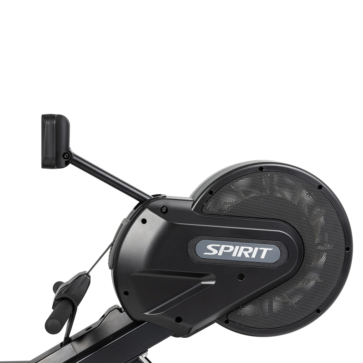 Close-up of a black Spirit Fitness CRW800 Rower, highlighting the flywheel, handle, and monitor arm with the Spirit Fitness logo visible on the flywheel housing against a white background.