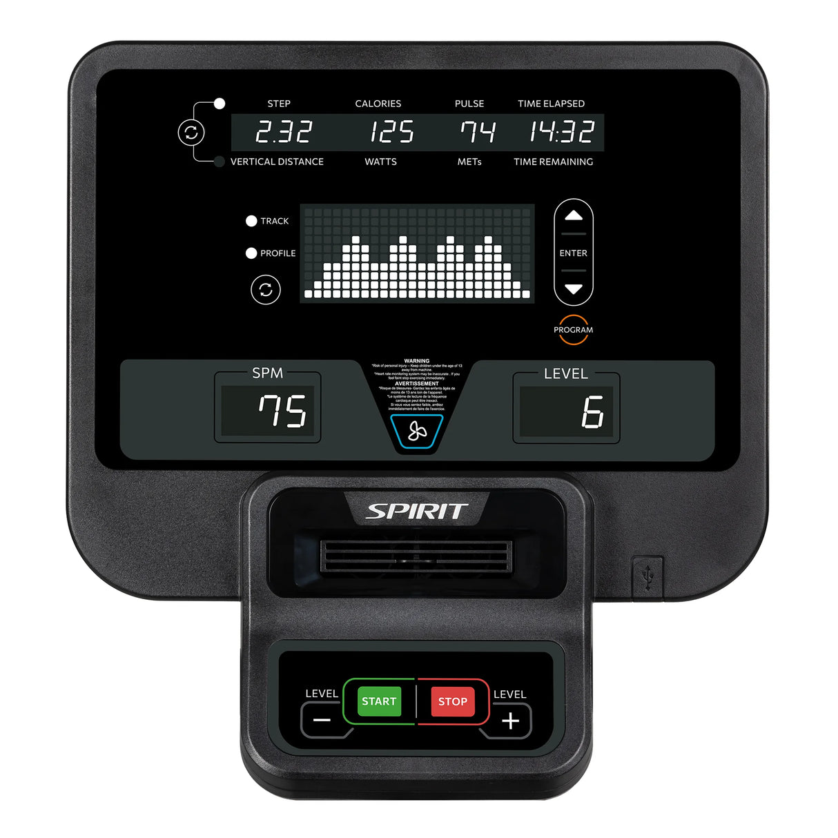 The Spirit Fitness CS800 Stepper by Spirit Fitness features a digital display panel showing step count, calories, pulse, time elapsed, SPM (75), resistance level (6), plus large START and STOP buttons at the bottom.