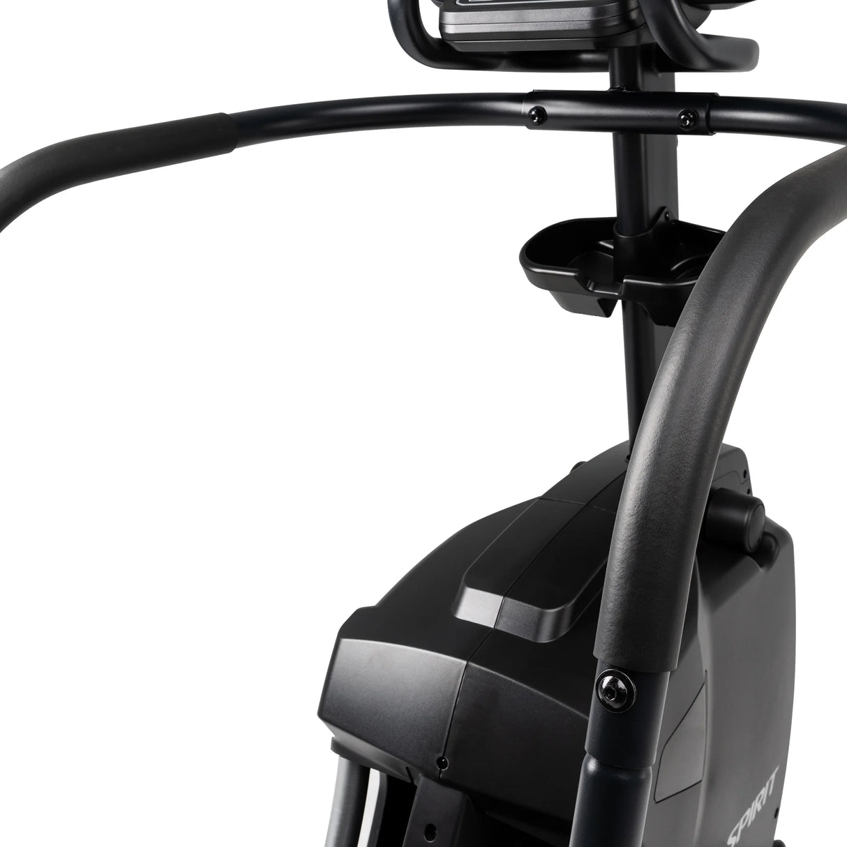 Close-up view of the Spirit Fitness CS800 Stepper’s black handlebars, console mount, and water bottle holder, showing part of the frame and control panel area against a white background. Brand: Spirit Fitness.
