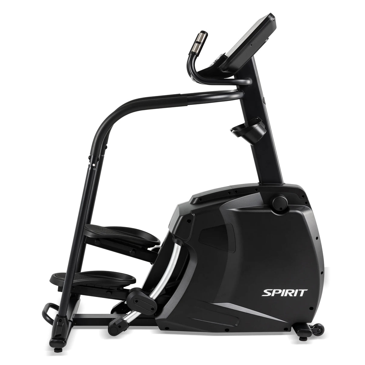 A side view of the Spirit Fitness CS800 Stepper by Spirit Fitness is shown. This black stepper features a digital screen, handlebars, and large foot pedals, ideal for effective indoor cardiovascular workouts.