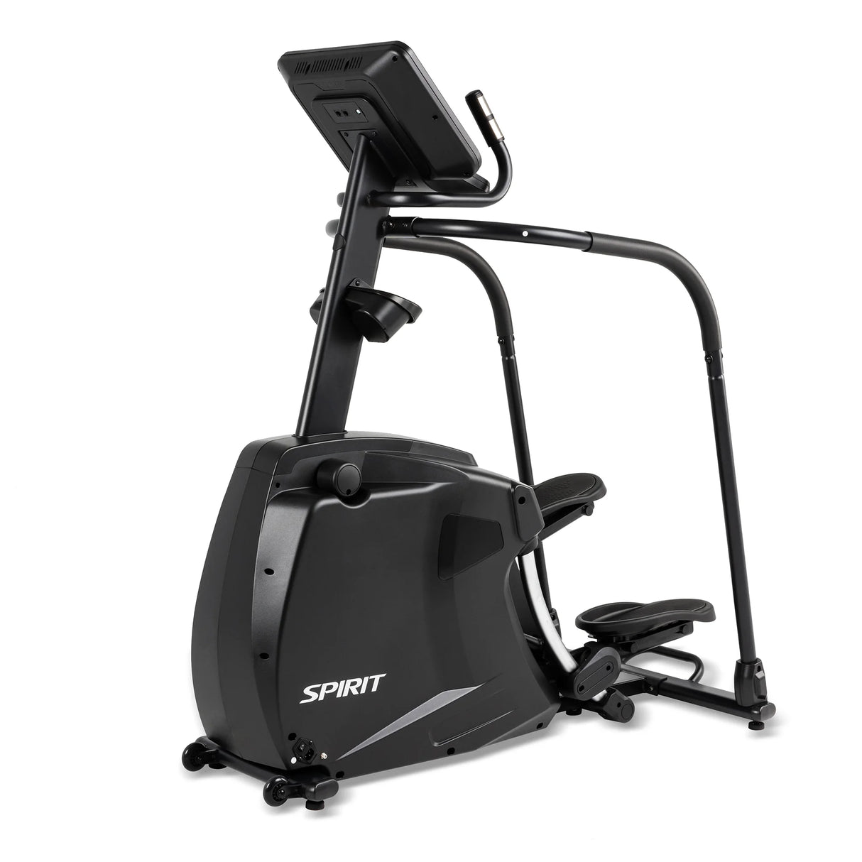 The Spirit Fitness CS800 Stepper by Spirit Fitness is a black indoor cardio machine featuring a digital display, sturdy handlebars, and textured foot pedals.