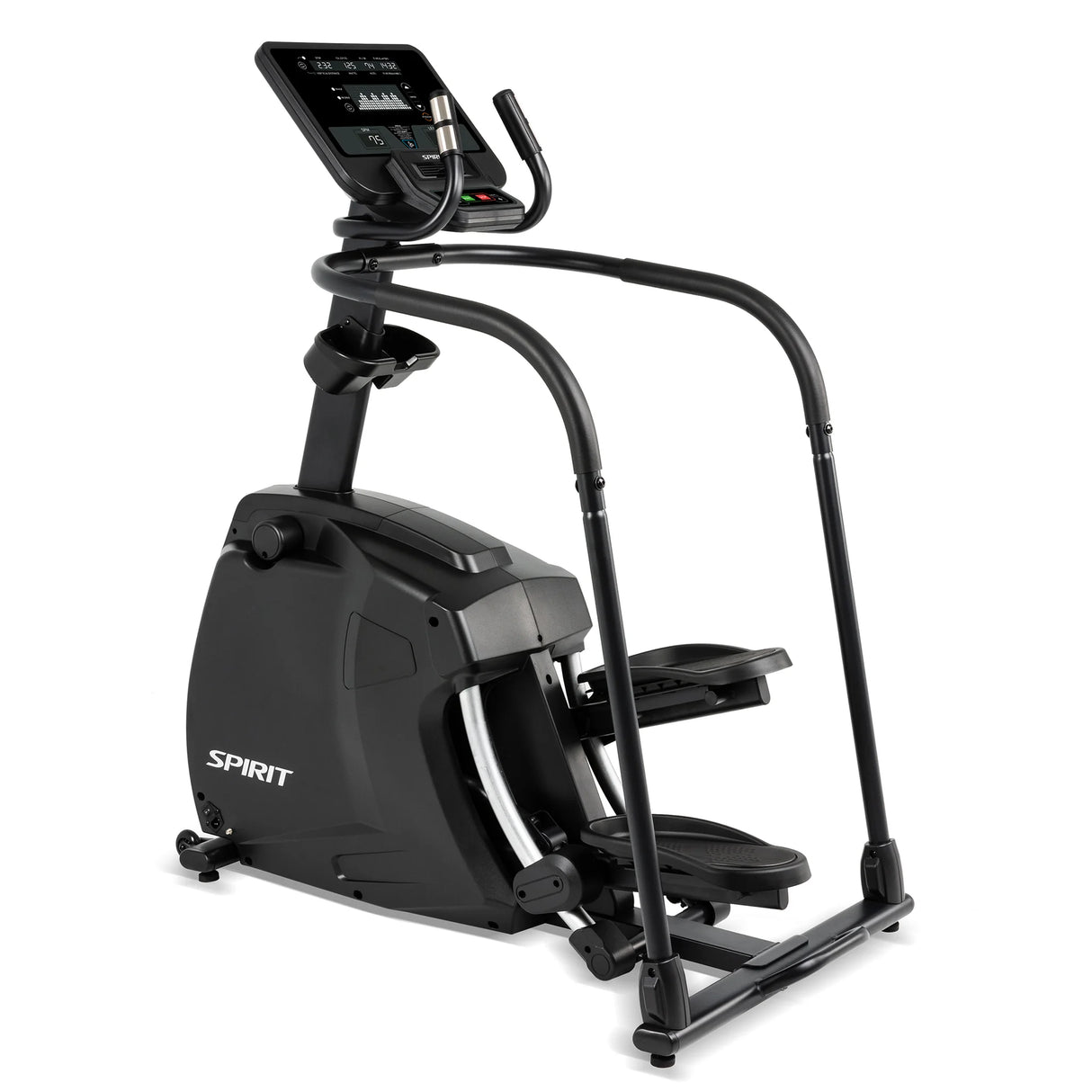 The Spirit Fitness CS800 Stepper by Spirit Fitness is a black indoor exercise machine with foot pedals, handlebars, and a digital display screen for effective fitness workouts.