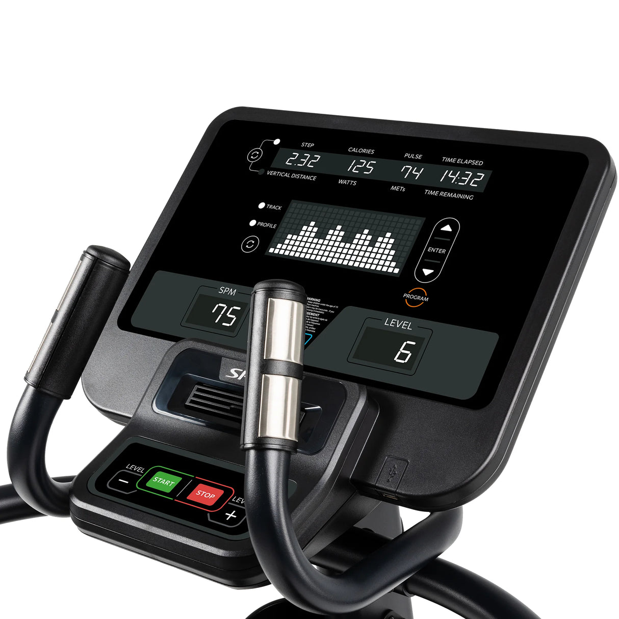 Close-up of the Spirit Fitness CS800 Stepper console by Spirit Fitness, showing workout data like steps, calories, pulse, time, SPM (75), and level (6). Console includes start, stop, mode buttons and side handlebars.