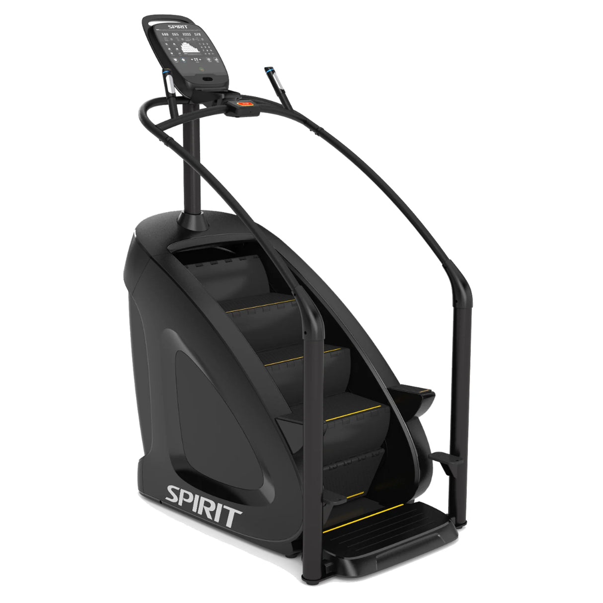The Spirit Fitness CSC900 Stair Climber by Spirit Fitness is a black machine featuring handrails, a digital display, and four rotating steps with yellow accents.