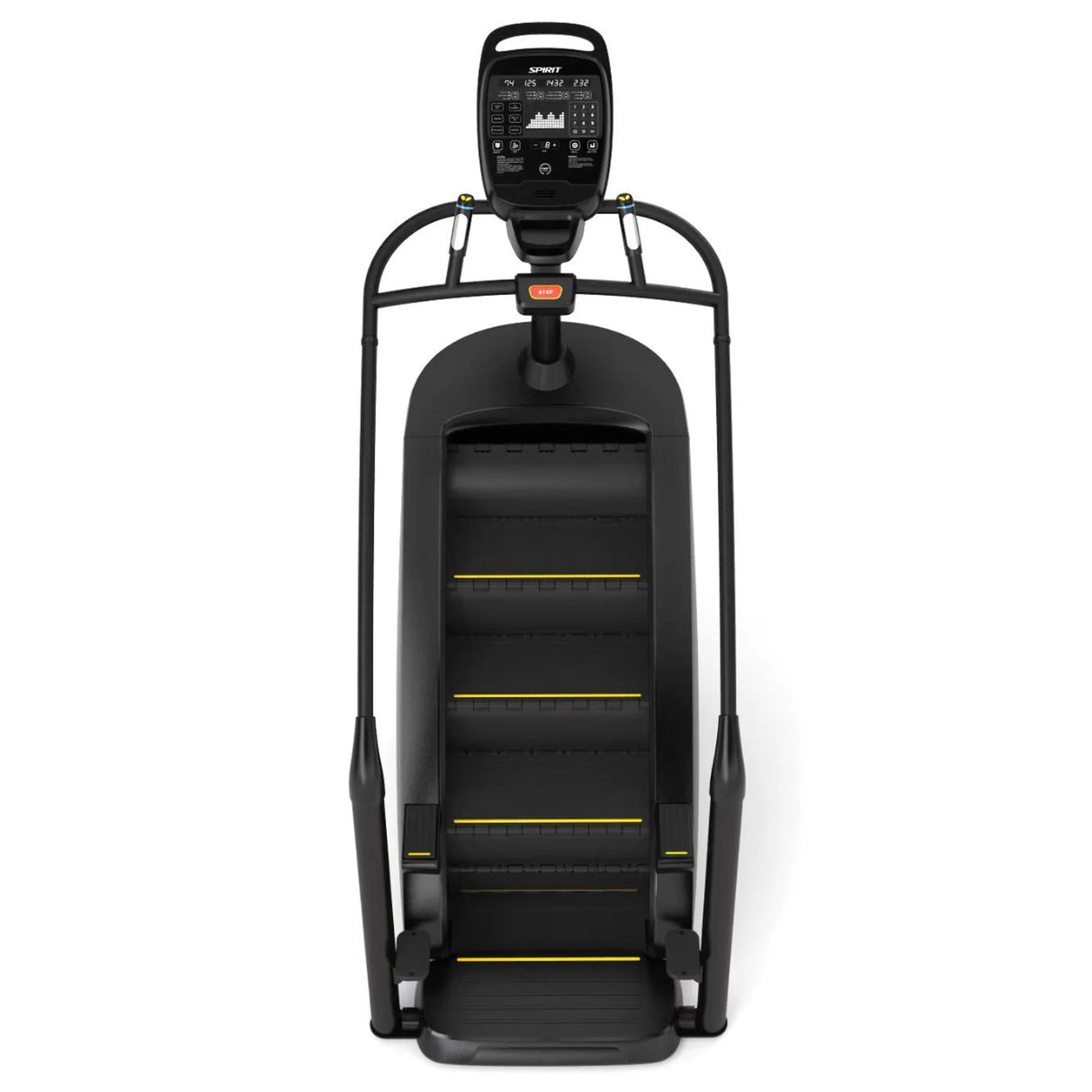 The Spirit Fitness CSC900 Stair Climber by Spirit Fitness is a black machine with yellow accents, dual handrails, and a digital display, shown from the front.