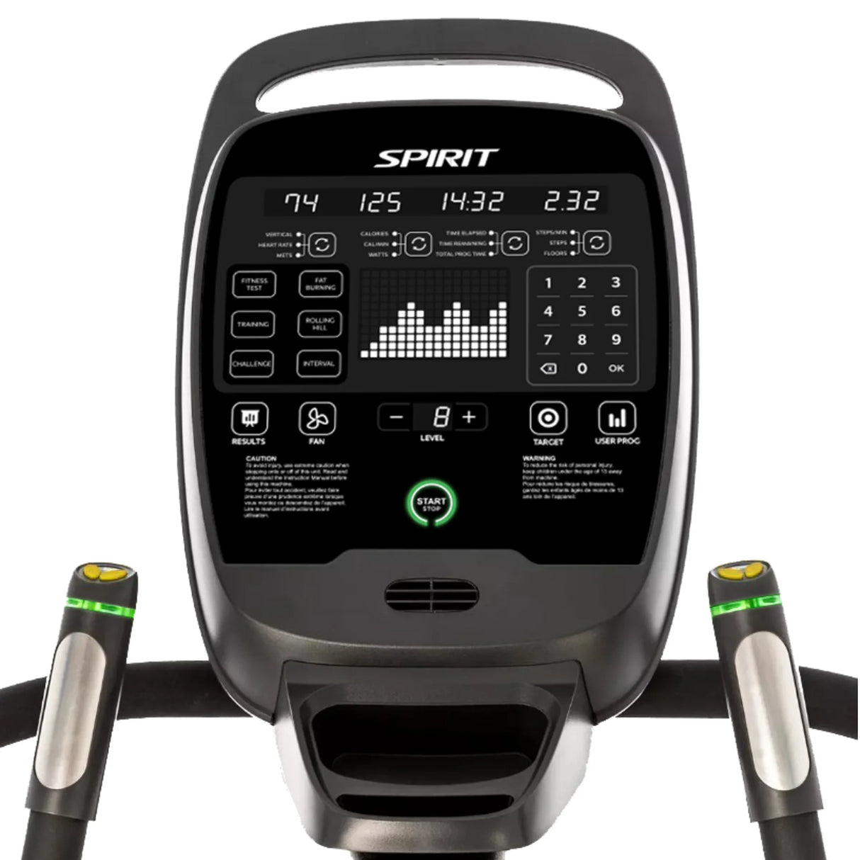 Close-up of the Spirit Fitness CSC900 Stair Climber control panel showing digital display for speed, time, distance, heart rate, various buttons for settings and programs, along with handrails and heart rate sensors.