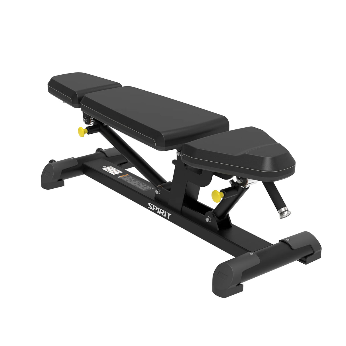 Angled view of the Spirit Fitness CSF-ADJB Adjustable Bench showing the SPIRIT-branded base rail and incline pin.