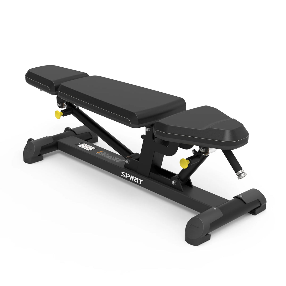 Angled view of the Spirit Fitness CSF-ADJB Adjustable Bench in flat position, showing the SPIRIT-branded base rail.