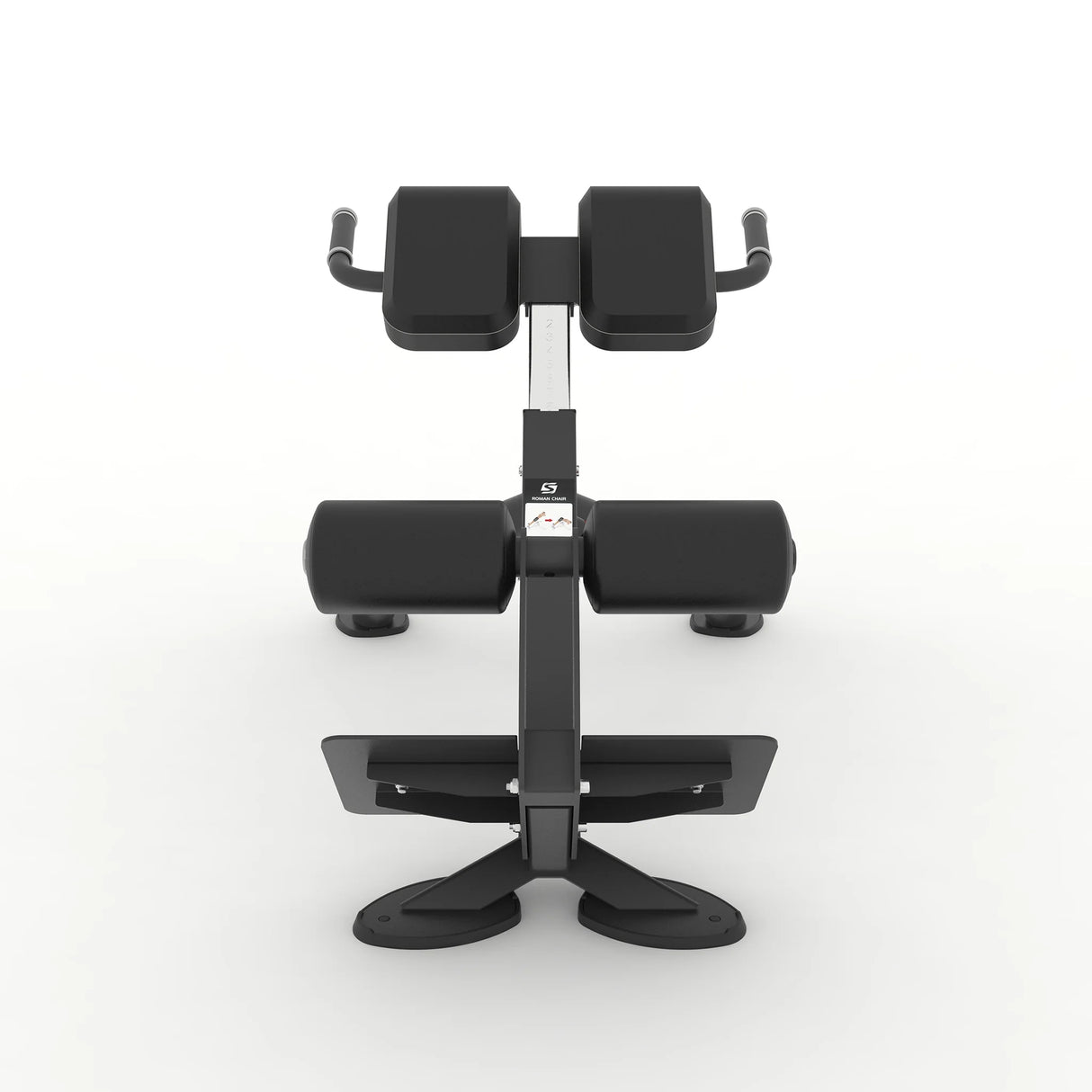 Front view of the Spirit Fitness CSF-BEXT 45-Degree Back Extension showing the thigh pads, ankle rollers, footplate, and cross-shaped base.