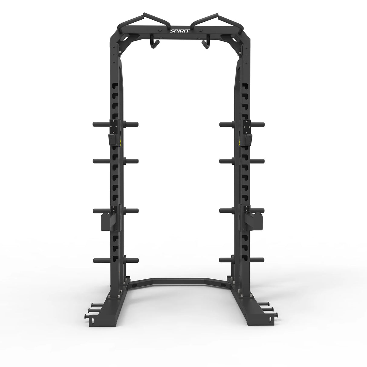 Front view of the Spirit Fitness CSF-HRAC Half Rack showing the pull-up bar, J-hooks, dual uprights, and weight-storage pegs on a stable base.