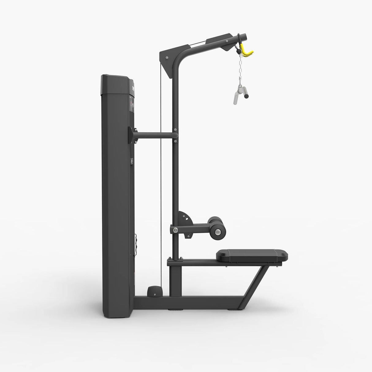 Side view of the Spirit Fitness CSS-LATP Lat Pulldown machine showing the weight stack, cable path, and lat pull bar.