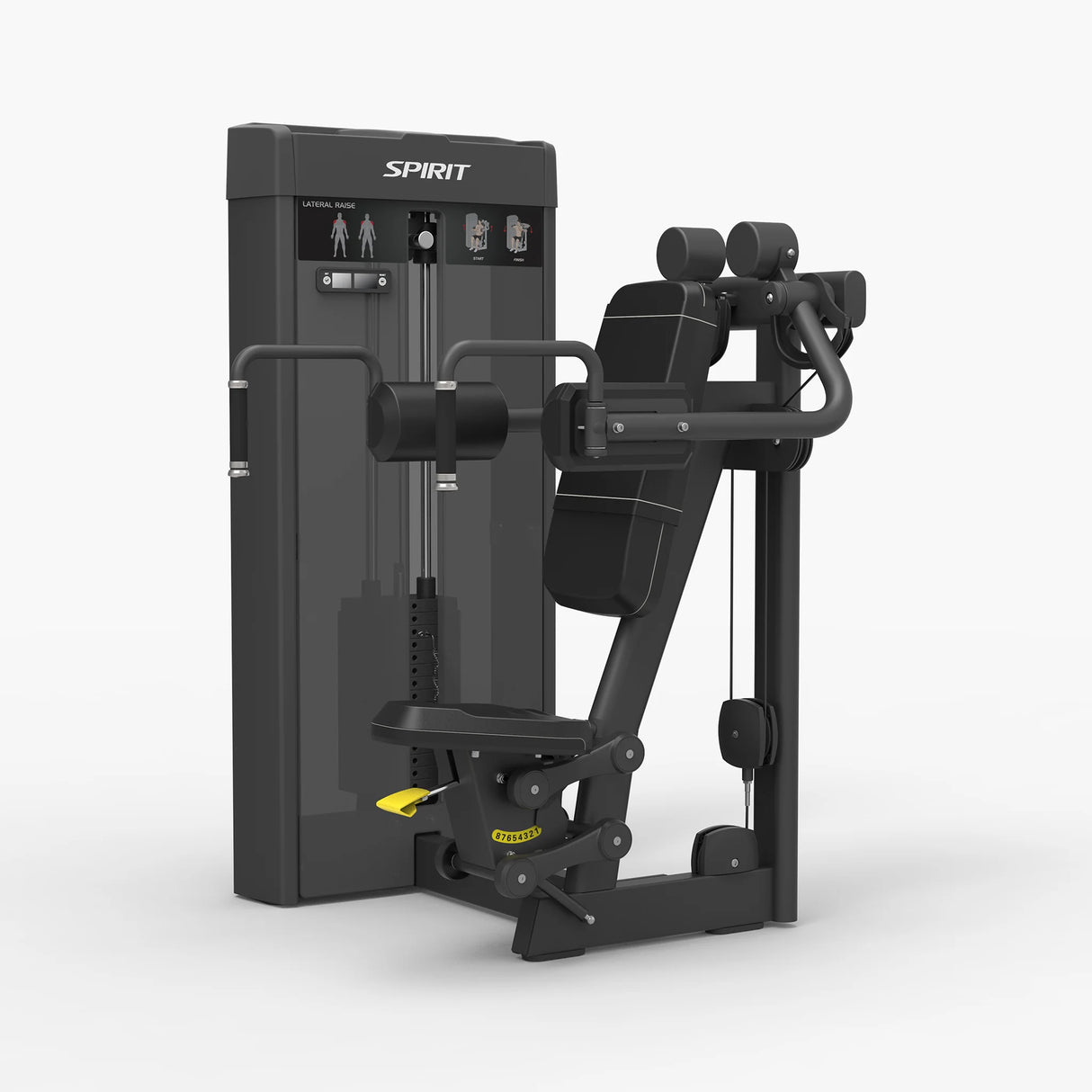 Angled view of the Spirit Fitness CSS-LATR Lateral Raise machine showing the arm pads, weight stack, and seat.