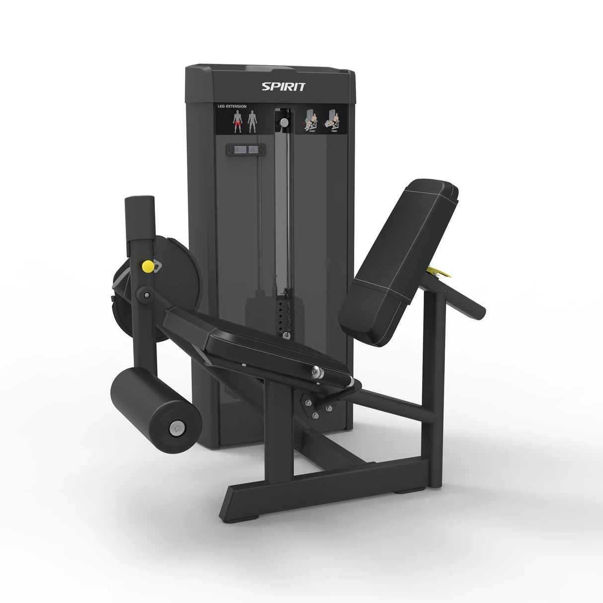 Angled view of the Spirit Fitness CSS-LEXT Leg Extension showing the weight stack, adjustable back pad, and lower leg roller pad.