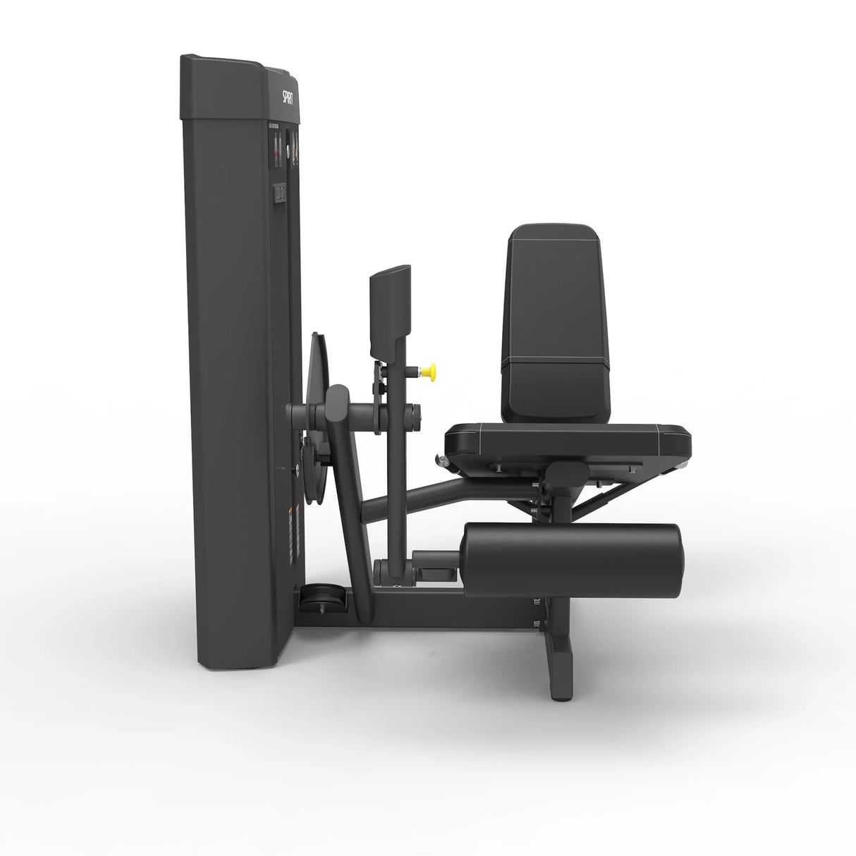 Side profile view of the Spirit Fitness CSS-LEXT Leg Extension showing the weight stack column, seat, and leg roller pad on its frame.
