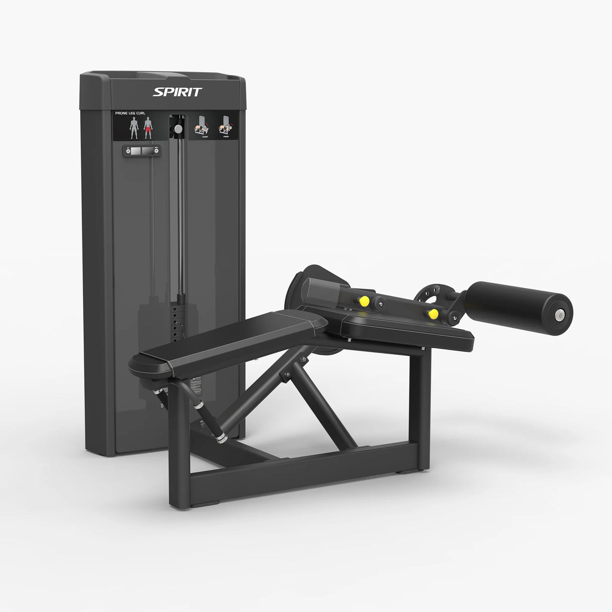 Angled view of the Spirit Fitness CSS-PRLC Prone Leg Curl showing the weight stack, angled bench pad, and rear leg roller pad.