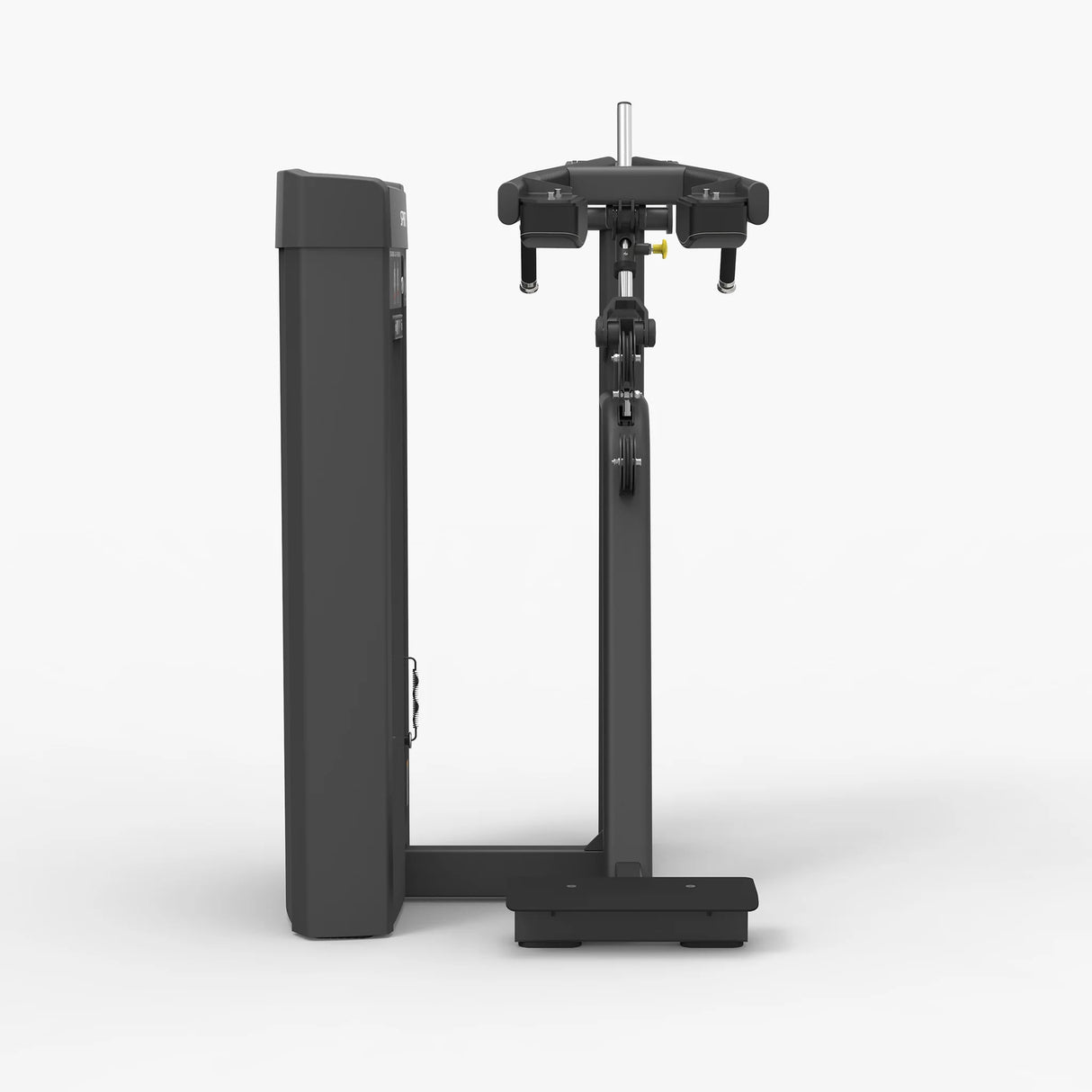 Rear view of the Spirit Fitness CSS-SCEX Standing Calf Extension showing the shoulder pads, pivot arm, and base platform.