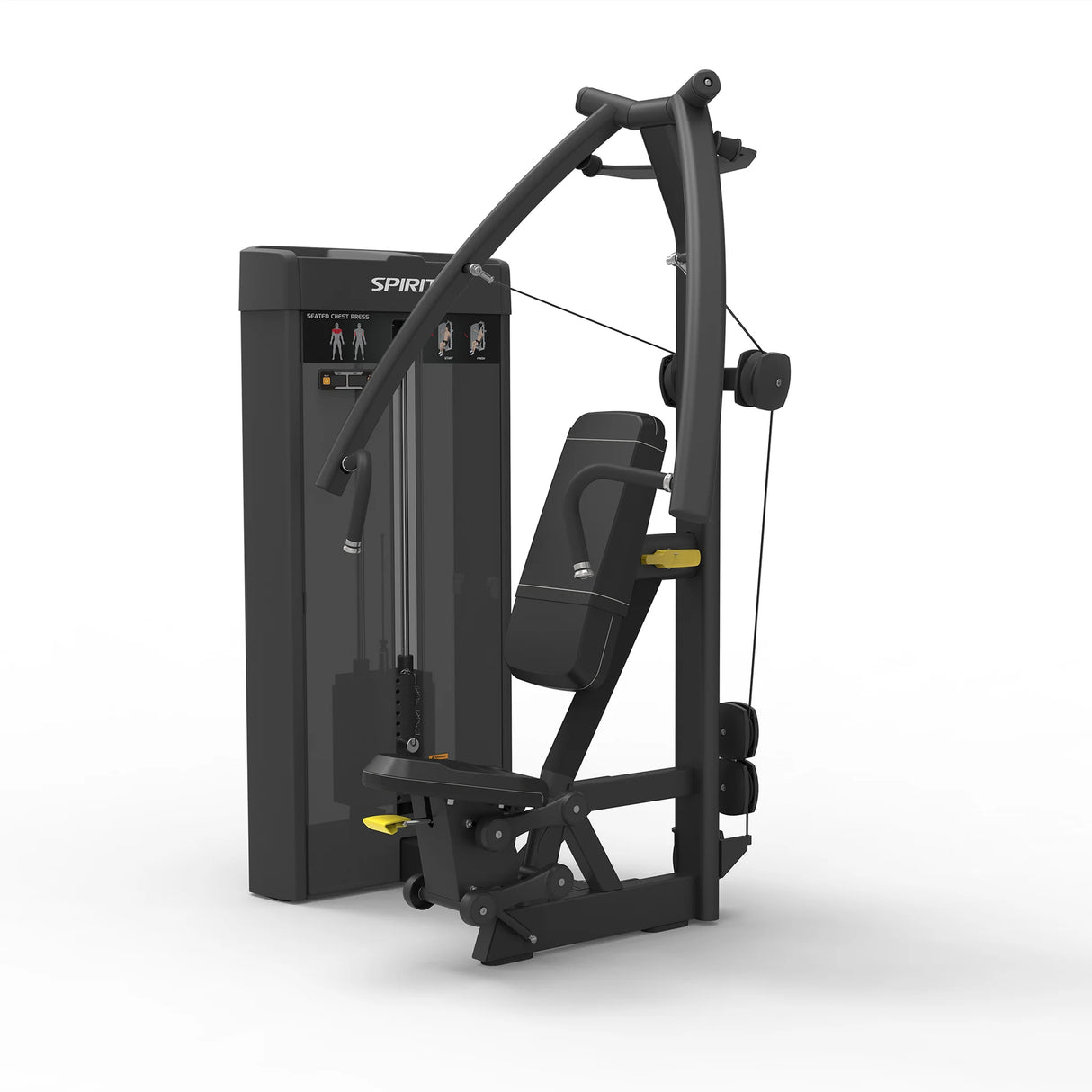 Angled view of the Spirit Fitness CSS-SCPR Seated Chest Press showing the seat, press handles, weight stack, and adjustable seat pin.