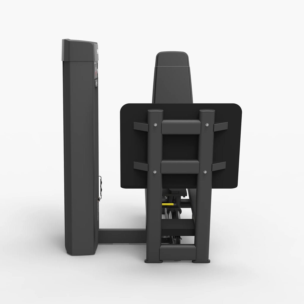 Rear view of the Spirit Fitness CSS-SLGP Seated Leg Press showing the weight stack tower and adjustable back pad frame.